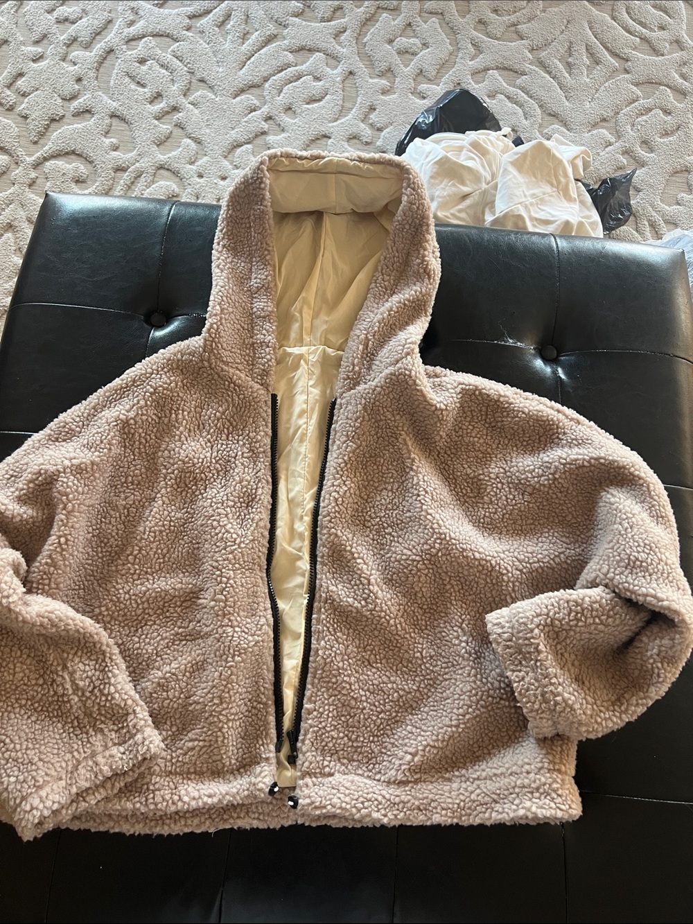 SHEIN Taupe Plush Hooded Teddy Jacket with Cream Lining
